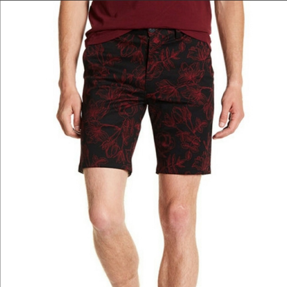 Black red floral motif shorts